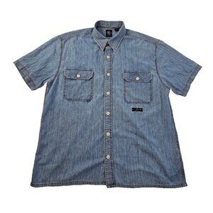 Vintage DKNY Denim Button Up Polo Shirt Men's Large Single Stitch Embroidery EUC